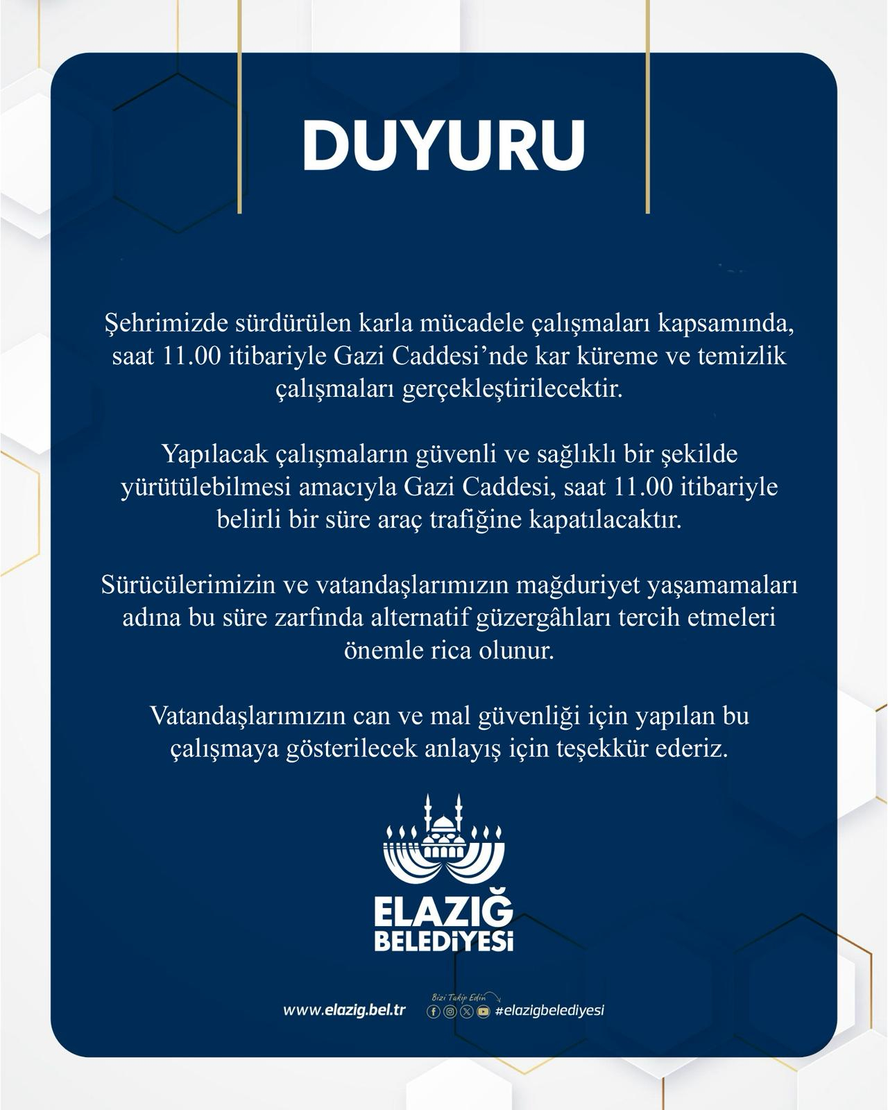Elazığ Belediyesi Gazi Caddesi'nde kar küreme çalışmaları yapacak